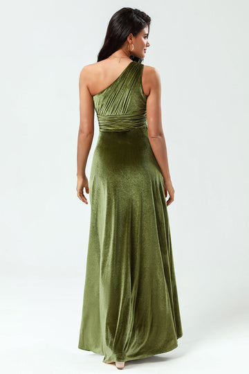 Dreaming of Elegance Sheath One Shoulder Olive Velvet Long Bridesmaid Dress